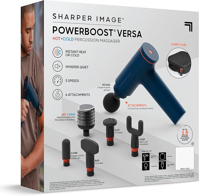 Sharper Image Deep Tissue Percussion Massage Gun, Powerboost Versa Hot & Cold Rechargeable Handheld Massager, 5 Adjustable Speeds, 6 Attachment Heads & Carrying Case, for Muscle Pain Relief, Blue