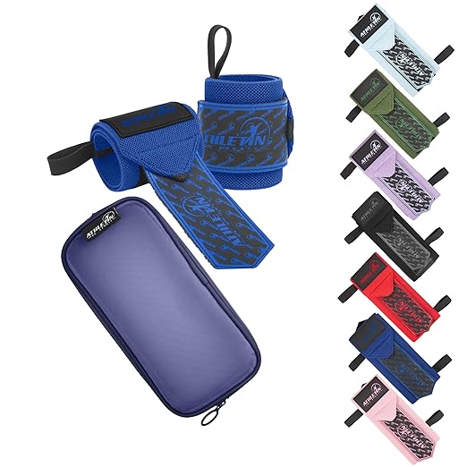 Professional Wrist Wraps, Heavy-Duty Support with Thumb Loop 18 Inch Pair for Powerlifting, Bodybuilding, Cross Training - Mesh carry pouch included (Blue)