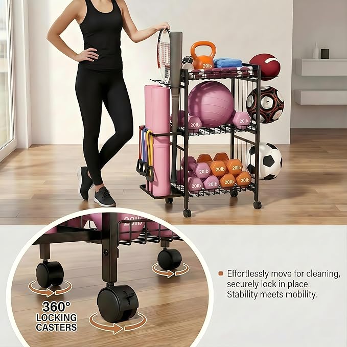 Home Gym Storage Rack, 3-Tier Dumbbell Rack with Ball Holder & Side Basket, Heavy Duty Vertical Workout Equipment Organizer for Yoga Mats, Lockable Wheels