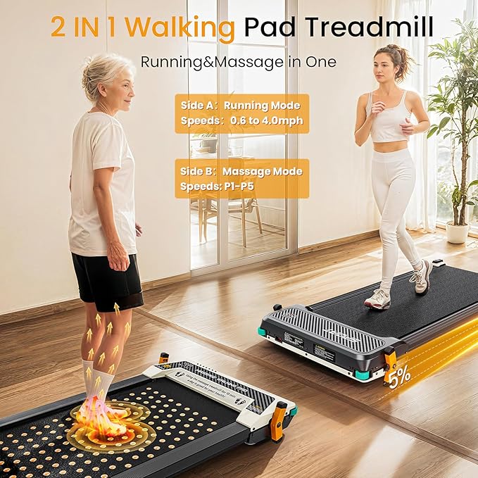 2 Side Walking Pad Treadmill with Incline Massage Function, 2 in 1 Under Desk Treadmills Walking Pad and Foot Massager for Home/Office, Portable Treadmill with Remote Control LED Display
