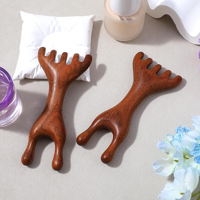 2 Pcs Wooden Massage Tools 5-Claw Wooden Scalp Massager Comb Meridian Therapy Manual Scalp Massager Natural Sandalwood Guas Sha Tools Ergonomic Handheld Massage Stick For Head Neck Face Nose Jaw