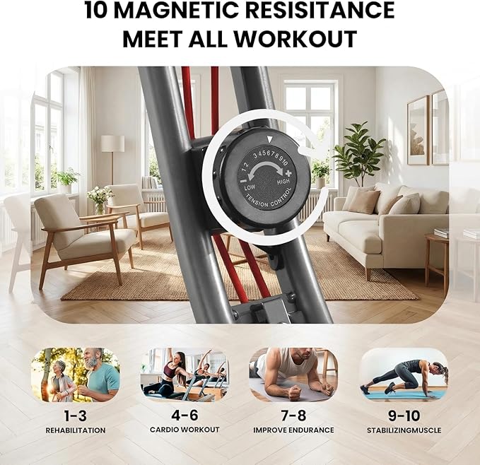 Exercise Bike, 4 IN 1 Stationary Bike, Foldable Folding Exercise Bike with 16-Level Magentic Resistance, Support Back Pad and Phone/Tablet Holder, Arm Resistance Band, Pulse Sensor, LCD Monitor for Home Workout 265LB Capacity