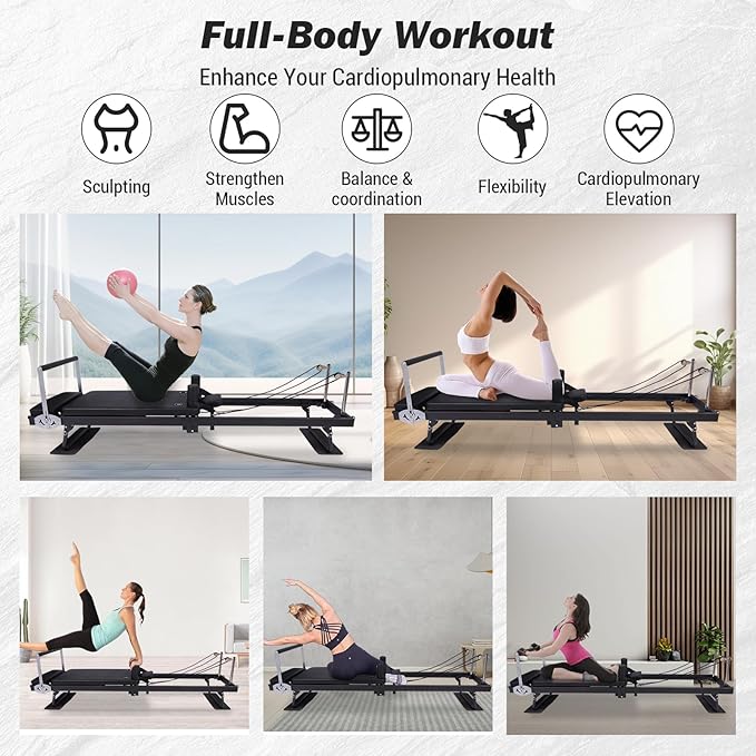 Foldable Pilates Reformer Machine for Home Use,Pilates Bed with Adjustable Springs, Compact Reformer for Studio Apartment & Gym, Ideal for Beginners to Advanced