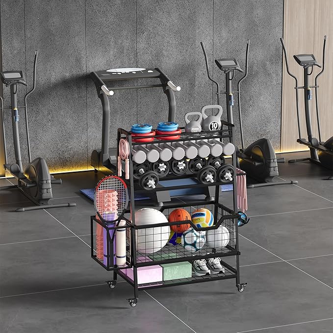 Dual-Sided Dumbbell Rack with Hooks & Wheels, Adjustable Home Gym Storage Rack for Dumbbells, Kettlebells, Balls, Yoga Mats, Ab Roller, Weight Rack Organizer for Workout Equipment