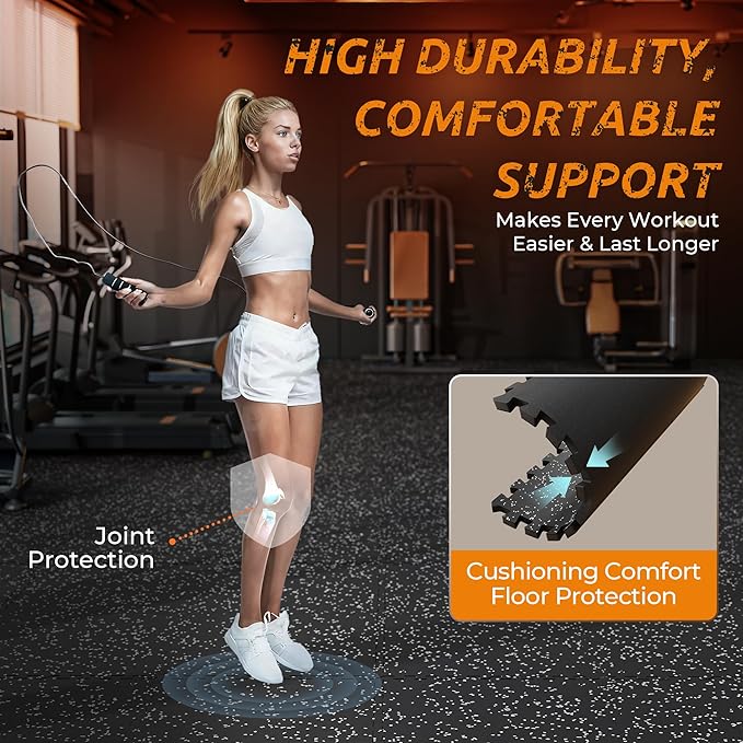 PRAISUN 0.6" Thicker Rubber Top Gym Flooring for Home Gym, 6 Pcs 24 Sq Ft Workout Mats, Exercise Mat, Interlocking Rubber Floor Mats with High Density EVA Foam for Garage, 24 x 24in, Black/Grey