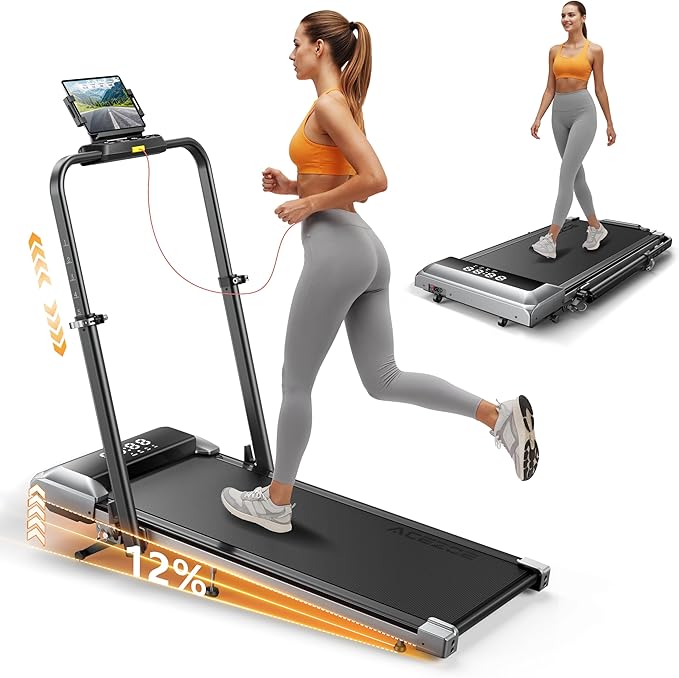 Walking Pad with 12% Incline & Height-Adjustable Handlebar, 5-in-1 Foldable Treadmill for Home & Office, Portable Under Desk Treadmill with LED Display & App Control