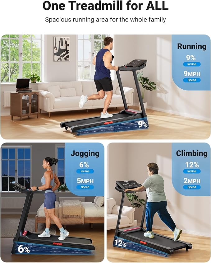 THERUN Incline Treadmill 18" LED Screen & 16.5‘’ Wide Belt, Running Treadmill 2 Layers Shock-Absorbing, Foldable for Indoor Fitness Workouts