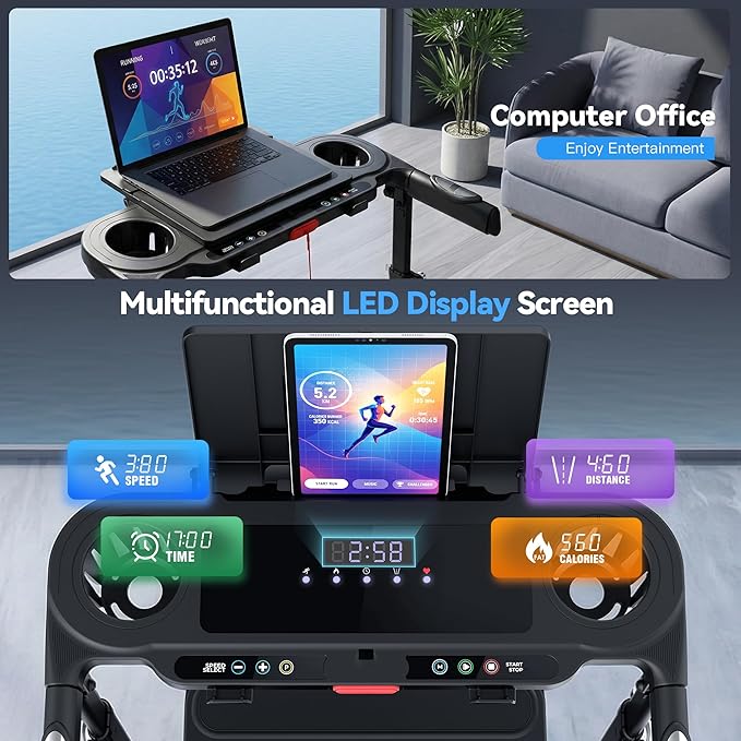 Treadmill with Desk Workstation & Adjustable Height, 450 lbs Weight Capacity, Folding Incline Treadmill with Handle Bar, Portable Ultra-Quiet 3.5HP Walking Pad Treadmill with Desktop for Home Office