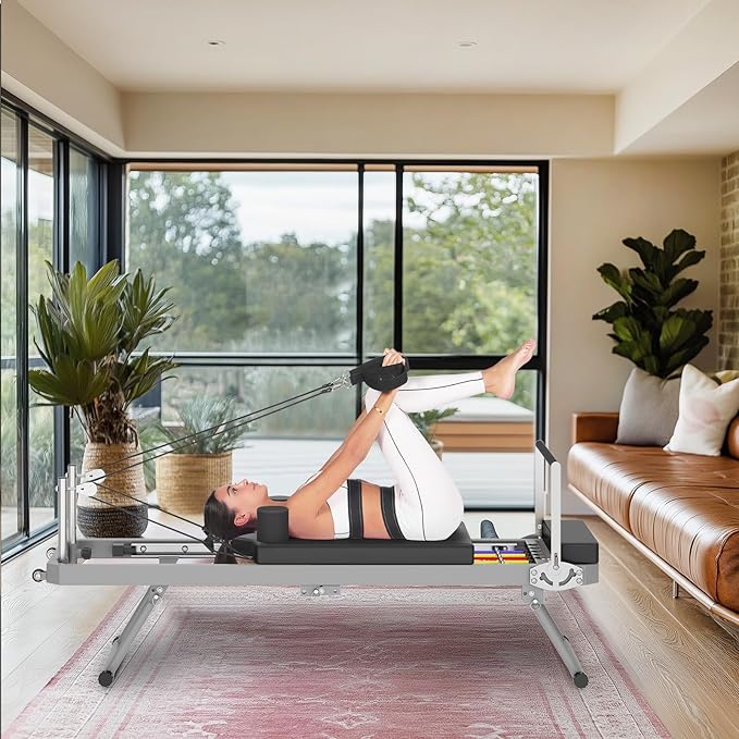 Pilates Reformer Machine, Foldable Pilates Equipment for Home Studio and Gym Workout, with Dual Resistance- Springs and Cords, Up to 400 lbs Weight Capacity,Cardio Fitness Rebounder