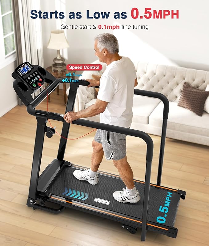 Redliro Walking Treadmill with Long Handrails – Treadmill for Seniors 300 lbs Capacity – Foldable, Lightweight with Wheels, Cup & Phone Holder – Recovery Machine for Home or Apartment