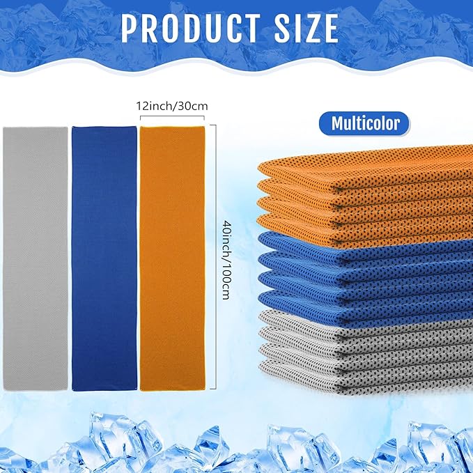 Hosuly 12 Pieces Cooling Towels for Hot Weather Soft Breathable Cold Towel Yoga Towels for Sweat, Sports, Workout, Fitness, Gym, Running, Travel Camping, 12 x 40 Inch (Dark Blue, Light Gray, Orange)