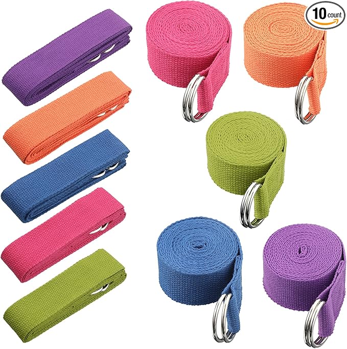 10 Pcs Yoga Strap 8ft Yoga Stretching Exercise Band Stretching Belt with Adjustable Metal D Ring Buckle Loop for Pilates, Dance, Physical Therapy, Gym Workout