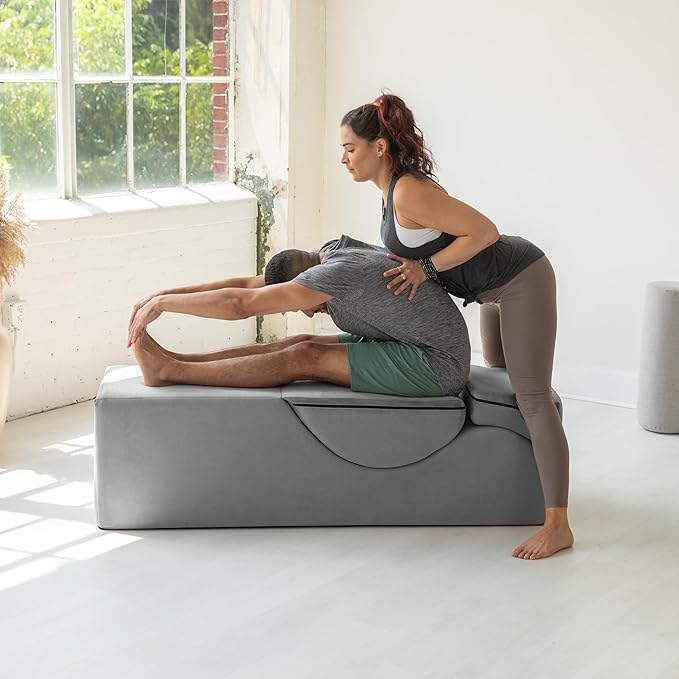 Avana Kami Convertible Chaise/Bed Bench for Yoga & Massage - 2-in-1 End of Bed Ottoman with Concealed Fold Out Yoga Lounge Chair, 22" Wide Microvelvet Grey