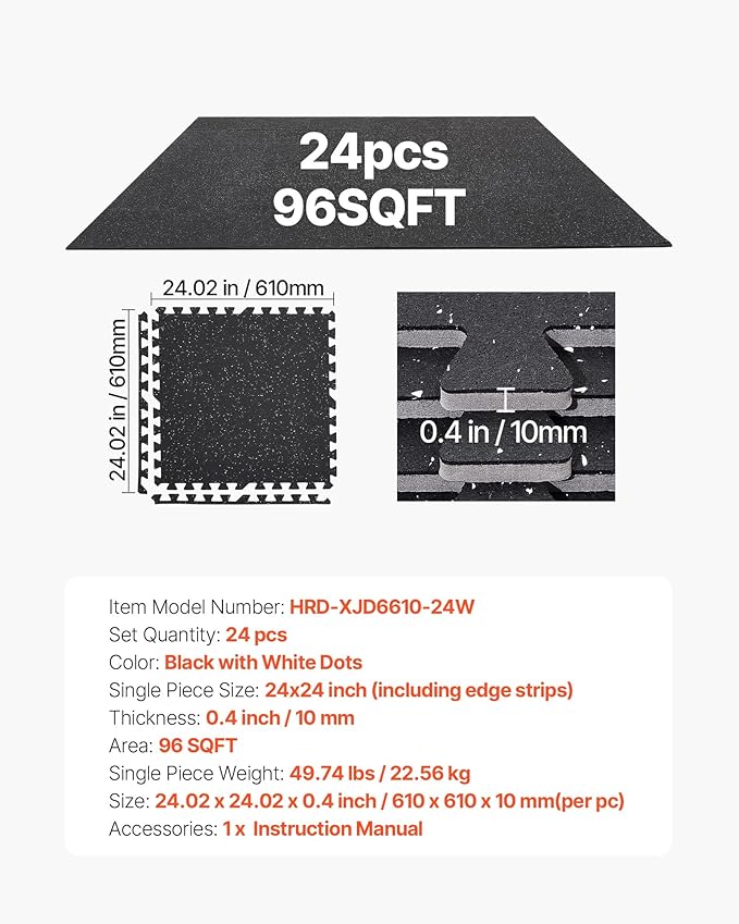 VEVOR 0.4Inch 96sq.ft 24 Tiles Gym Flooring for Home Gym, Rubber Top with High Density EVA Foam, 24 x 24In Gym Floor Exercise Equipment Mats, Interlocking Gym Mats, Puzzle Workout Mats, Black & White