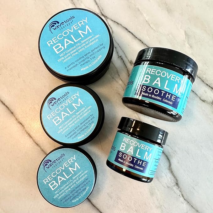 Wave Tools All Natural Recovery Balm Soothe Small Batch Pure Essential Oils Ideal for Massage in Amber Glass jar 2 oz Glass jar