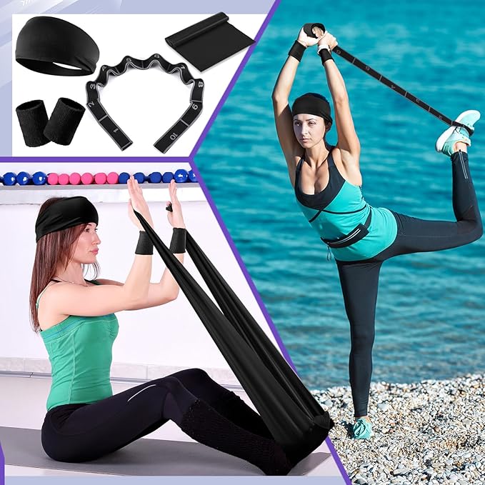 Poen 18 Pcs Home Pilates Ball and Ring Circle Set Yoga Fitness Essentials Kit with 5 Resistance Band Stretching Strap Non Slip Sock Ball Core Slider Wristband Headband Gym Bag for Women