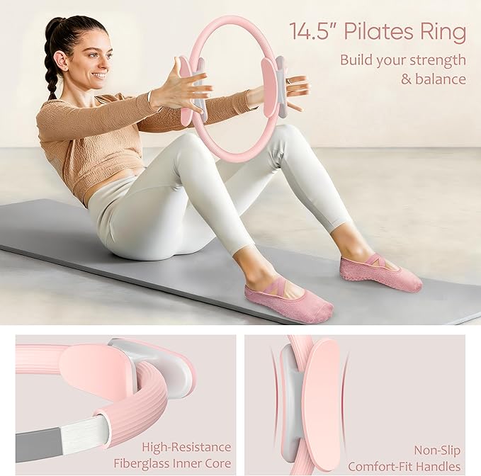 Pilates Kit, Home Pilates Workout Kit for Women, Pilates Equipment with 14.5" Pilates Ring and Ball, Resistance Bands, Ankle Weights, Sliders & Grip Socks Accessories for Starter Home Workouts