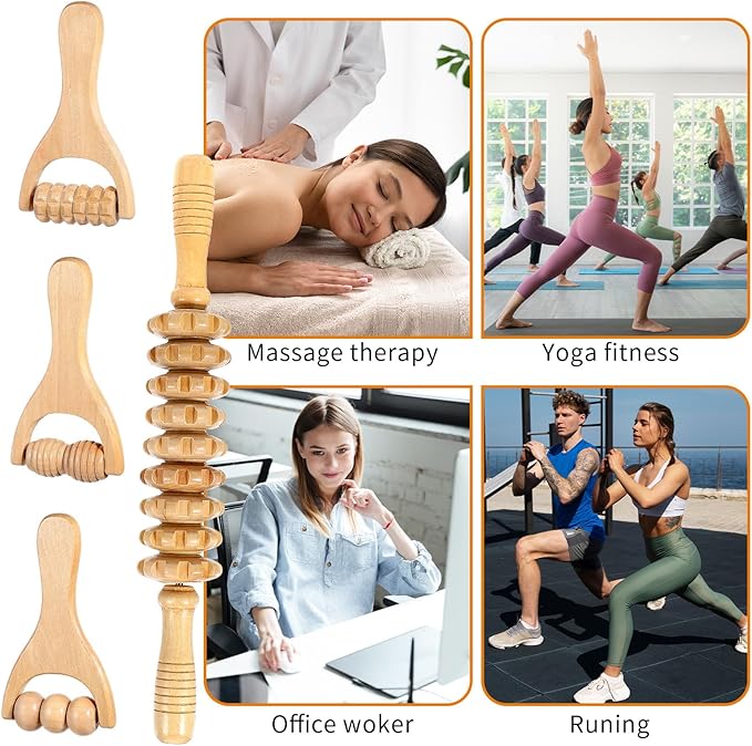4Pcs Wood Therapy Massage Tools, Portable Manual Wooden Massage Roller Stick, Muscle Roller Stick for Body Sculpting Wood Roller Masssager for Relax Thigh, Leg, Belly Fat, Full Body, Muscle,Cellulite