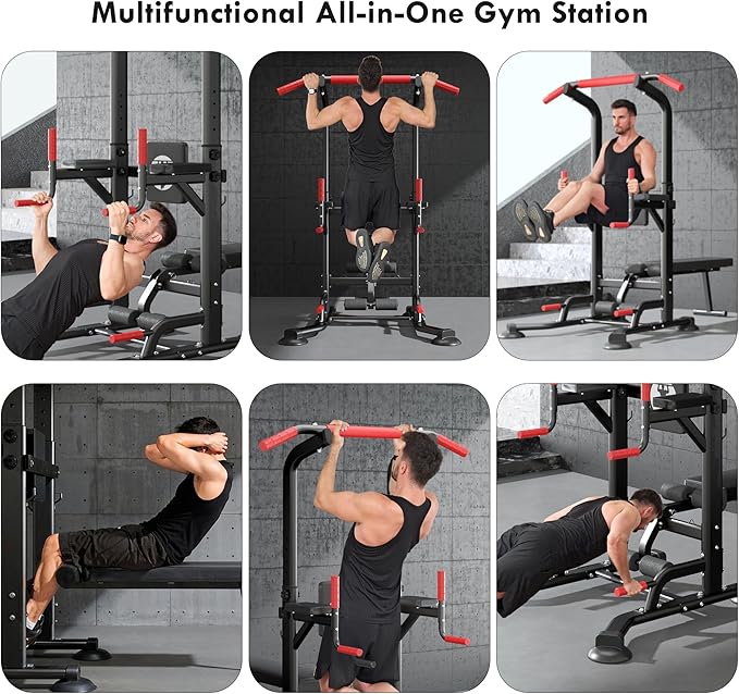 Dland Strength Training Dip Stands, Stand-Up Gym with Bench, Adjustable Bench Press Machine, Home Gym Weightlifting Equipment, Pull-Up Bar Multi-Function Adjustable Leg Press Machine for Weightlifting, Bodybuilding, CrossFit, Yoga, Pilates