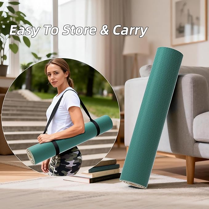 HAHE Yoga Mat Thick, 72"x32"x0.4"Th (10mm), Wide Non-Slip Exercise Mat with Carry Strap, Double-Sided POE Fitness Mat for Yoga, Pilates & Floor Workouts