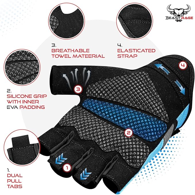 BEAST RAGE Fingerless Weight Lifting Gloves with Palm Protection Padding, Breathable Lightweight Gym Gloves for Men, Women, Weightlifting, Cycling, Exercise, Training Pull Up