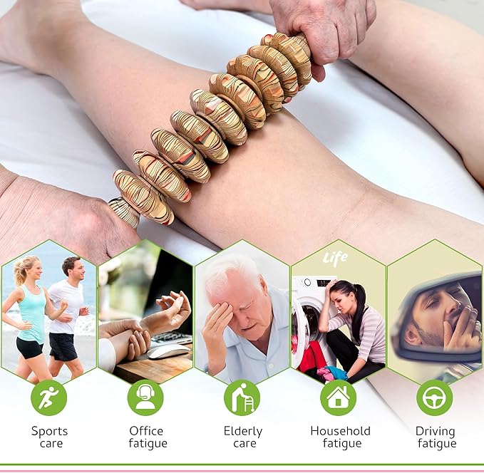 Wooden Curved Manual Massage Stick, 9 Roller Handheld Trigger Point Massager for Fascia, Cellulite, Muscle & Abdomen, Body Therapy Massager, Belly Relief Tool (Wood Grain)