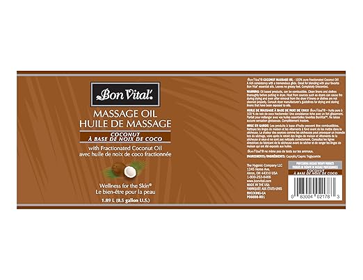 Bon Vital' Coconut Massage Oil, 1/2-Gallon Container, 100% Pure Fractionated Coconut Oil for Dry Skin, Lightweight Non-Greasy, Neutral Scent, Non-Staining, for Massage Therapy & At-Home Use
