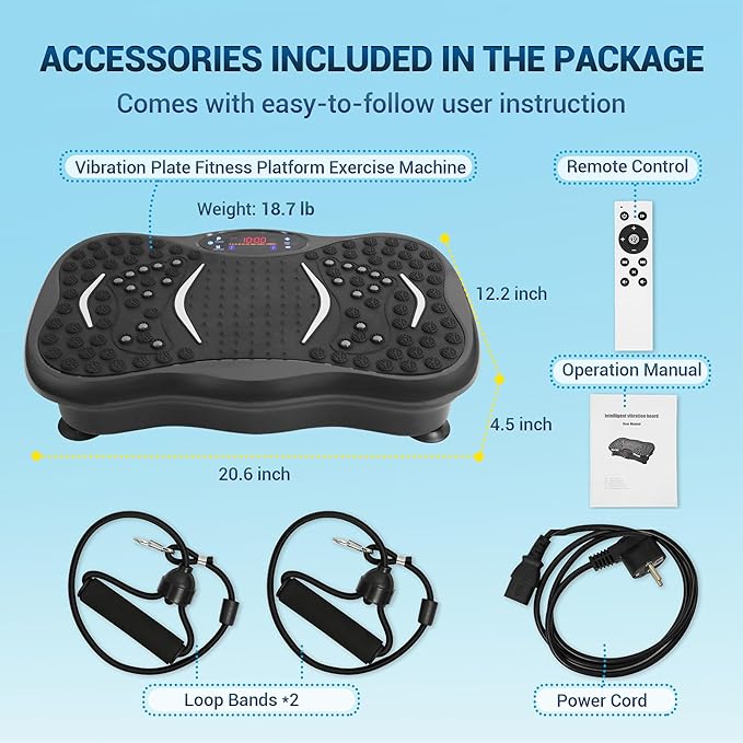Mibest Vibration Plate Exercise Machine for Lymphatic Drainage & Weight Loss – Vibration Platform with Remote Control & Resistance Bands for Full Body Workout Fat Burn for Women & Men