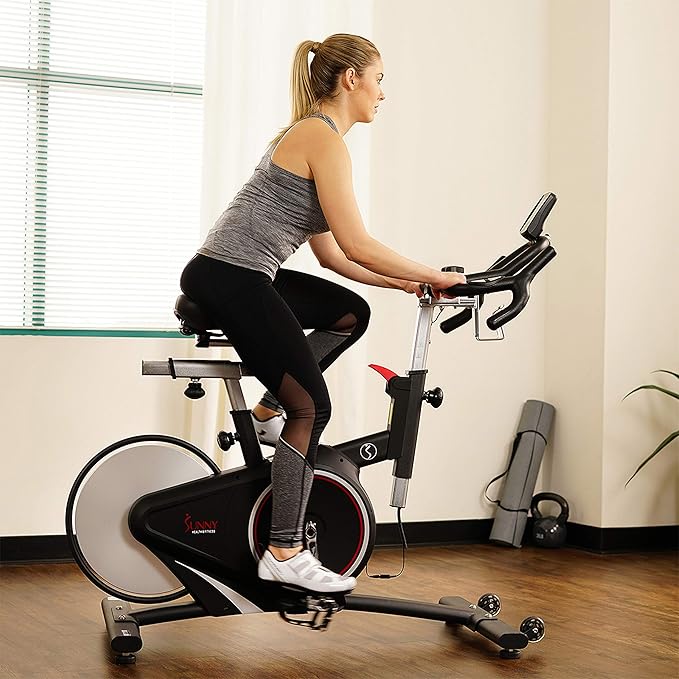 Sunny Health & Fitness Indoor Intensive Cycling Exercise Bike, Adjustable Cardio Training Exerciser w/Emergency Brake for Home, Optional Free SunnyFit App Bluetooth Link + Electromagnetic Resistance