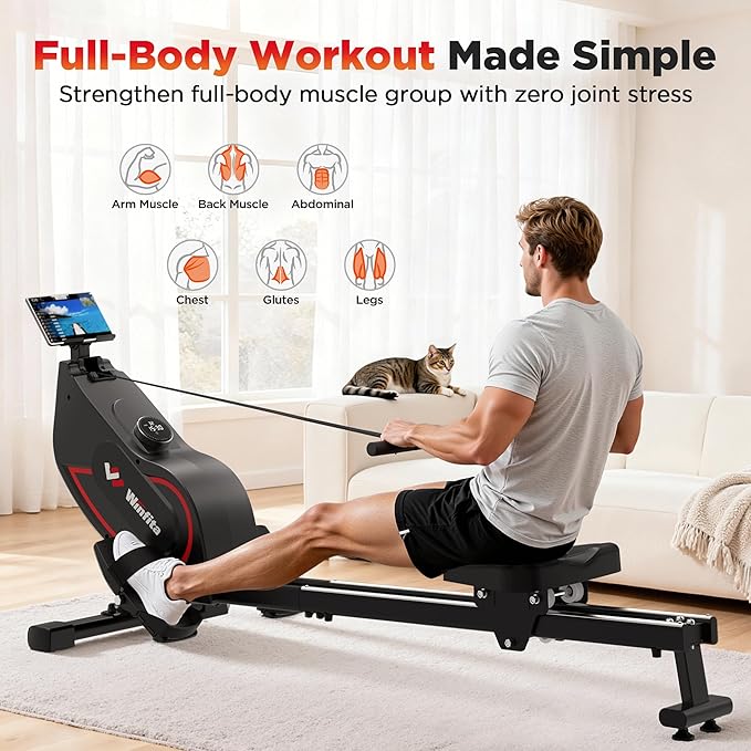 Rowing Machines for Home Use, Compact Rower Machine with 350 LBS Capacity,32-Level Self-Powered Resistance Knob with Real-Time Data Tracking, Dual Rail, Ergonomic Seat, App Support