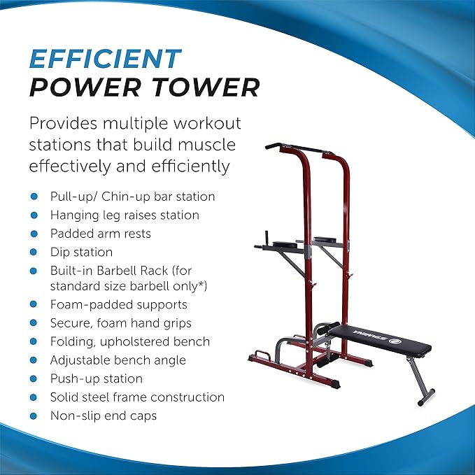 Stamina Full Body Power Tower 735 - Dip Bar with Built-in Bench and Rack - Pull Up Bar Station with Smart Workout App - Dip Bars for Home Workout - Up to 300 lbs Weight Capacity
