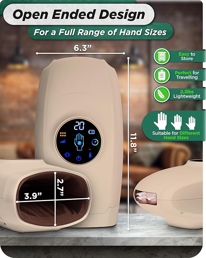 Lunix LX7 LCD Touchscreen Hand Massager, Heated Air Compression, for Arthritis & Carpal Tunnel Relief, Finger Numbness & Wrist Pain Relief, Cordless Rechargeable, Sand Beige