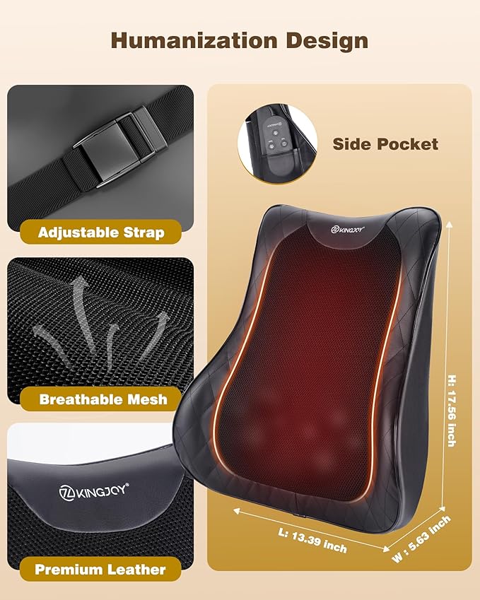 KINGJOY Back Massager for Pain Relief Deep Tissue, Full Back Massager with Heat, 3D Kneading Massage Pillow with 3 Intensities for Back, Neck, Shoulder, Spot Massage, Gifts for Women Man