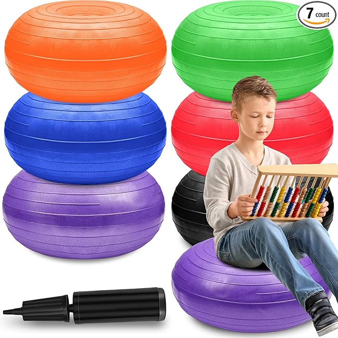 Lewtemi 6 Pcs Flexible Seating for Classroom Elementary 20 Inch Yoga Ball Chairs Large Inflatable Donut Exercise Ball Chair Stability Balance Trainer with Inflator for Kids Student
