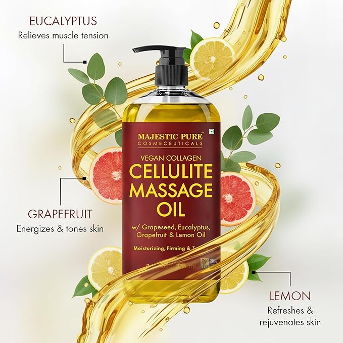 Majestic Pure Cellulite Massage Oil for Massage Therapy- Refreshing and Relaxing- Natural Oils with Grapeseed, Eucalyptus, Grapefruit & Lemon Oil- All Skin Types- Men and Women Massage Lotion- 8 fl oz