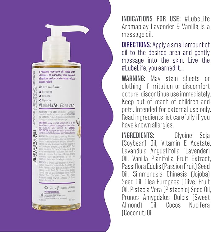 LubeLife Aromaplay Lavender and Vanilla Massage Oil, Essential Oil for a Relaxing Full Body Aromatherapy Massage, 8 Fl Oz