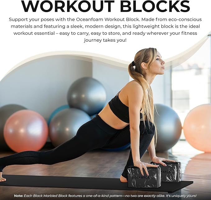Oceanfoam Workout Block - High-Density Foam Exercise Block, Lightweight, Non-Slip for Stability & Support in Pilates, Yoga, Stretching & More - Algae-based EVA Foam, 9"x6"x4" (Black)