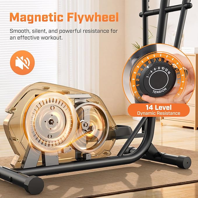 ANCHEER Home Elliptical Machine, Quiet Magnetic Elliptical Trainer with 14 Levels Resistance, 15" Stride & 400LBS Max Load, Compact Cardio Exercise Equipment for Home Gym