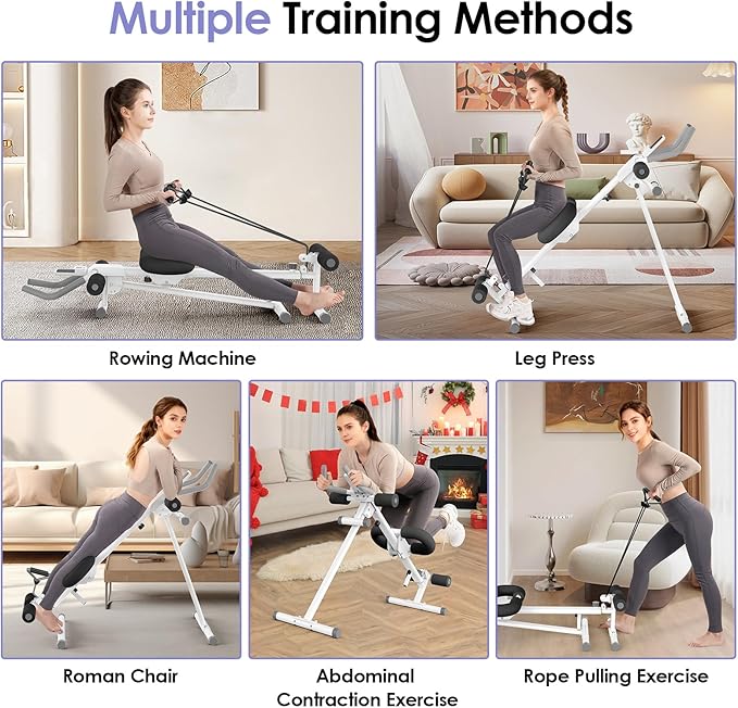 Foldable Ab Machine, 5-in-1 Adjustable Ab Trainer for Home Gym, Full-Body Core Workout Equipment with 10 Length Levels, LED Display & Silent Rollers | Sit-Up & Rowing Machine for Abs Sculpting