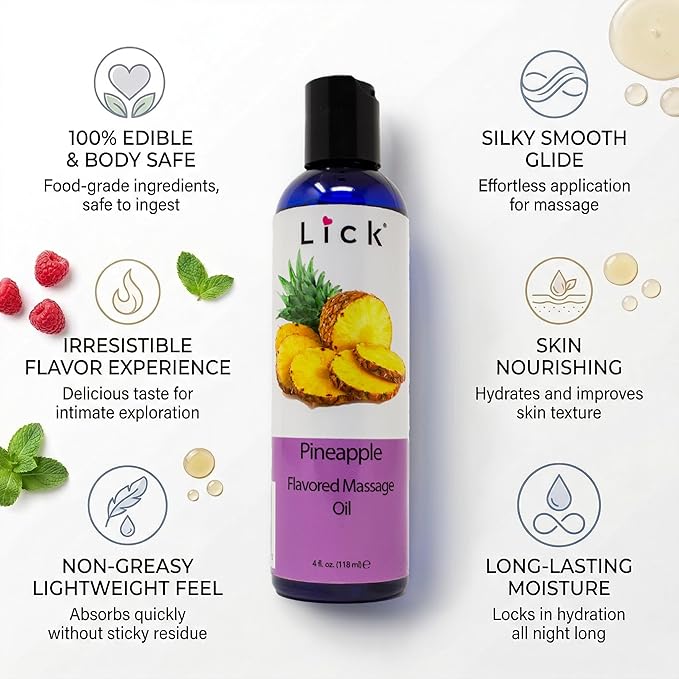 Lick Pineapple Flavored Massage Oil – Sweet Tropical Edible Massage Oil with Vitamin E, Smooth Body-Safe Glide for Couples Massage & Sensory Date Nights, 4 oz