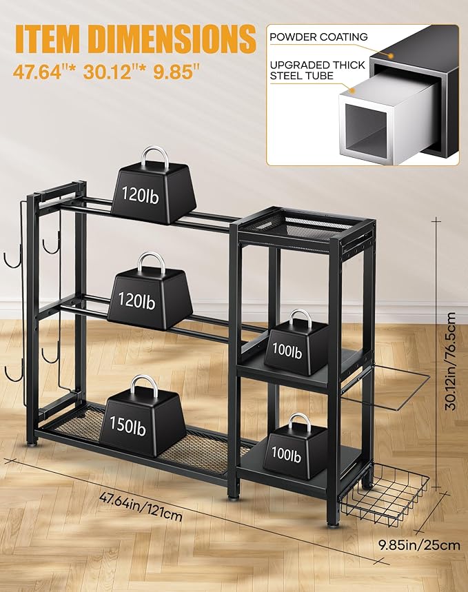 3-Tier Dumbbell Rack Stand Only - Adjustable Weight Rack for Home Gym, Heavy-Duty Weight Stand for Dumbbells Kettlebells Foam Roller Yoga Mats, Workout Equipment Storage Organizer With Hooks