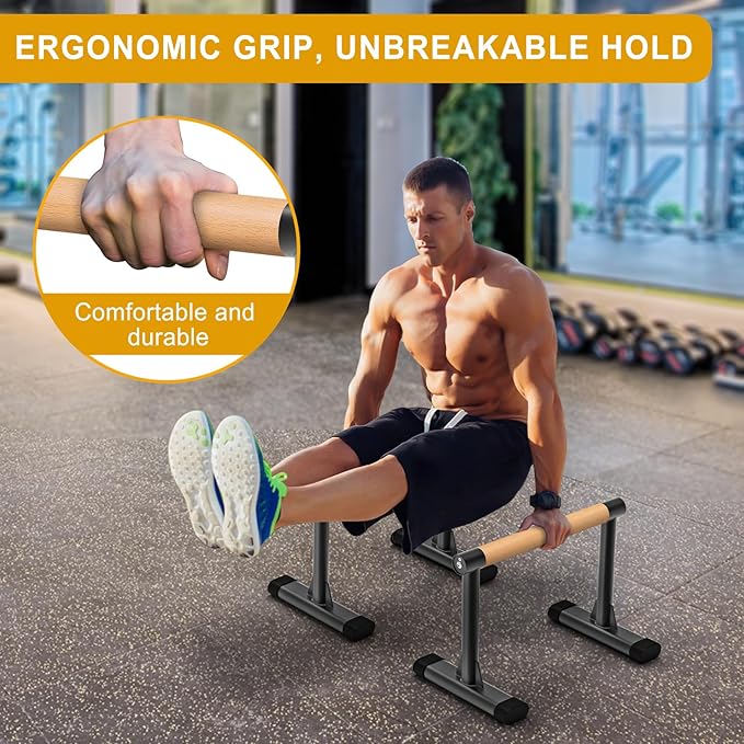 Kipika Parallettes Bars, Push Up Bars & Dip Bar with Comfort Thick Handles, Rock-Free Fitness Equipment for Handstand, L-Sit, Gymnastics & Strength Training, 600lbs Capacity (Wood)