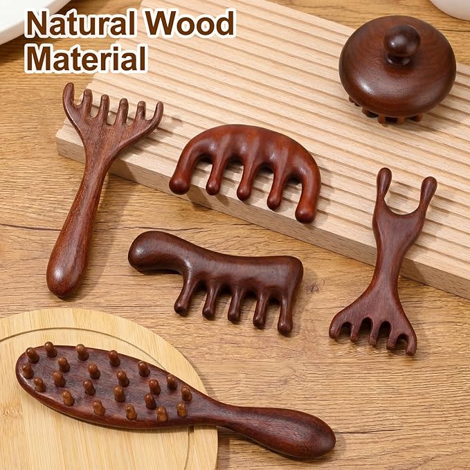 6 Pcs Natural Wooden Scalp Massager Comb Tool Set with Flocked Storage Bag Scalp Massage Tool for Stress Relief, Gua Sha & Therapy for Women Men Hair Growth Body Therapy