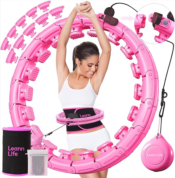U1 Weighted Hula Hoop 30 Knots 19"-61" for Adults with Waist Trimmer Belt & Durable Wash Bag Bundle– Fitness Hoop for Exercise, Workout, Slimming & Home Gym, Light Pink