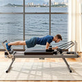 Beige Pilates Reformer, Foldable Pilates Machine for Home Gym Workout, Pilate Equipment with High Strength Alloy Springs for Beginners, Up to 330lbs