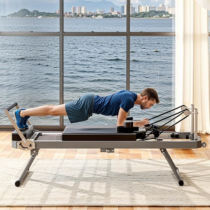 Beige Pilates Reformer, Foldable Pilates Machine for Home Gym Workout, Pilate Equipment with High Strength Alloy Springs for Beginners, Up to 330lbs