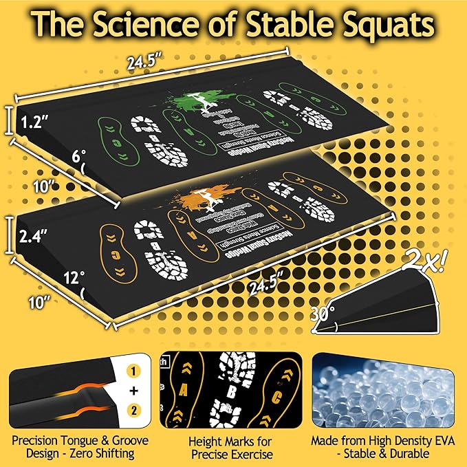 Squat Wedge Height-Adjustable Slant Board: 2Pcs Wide Wedges for Weightlifting Leg Glute Workout Improve Strength and Mobility for Gym Home