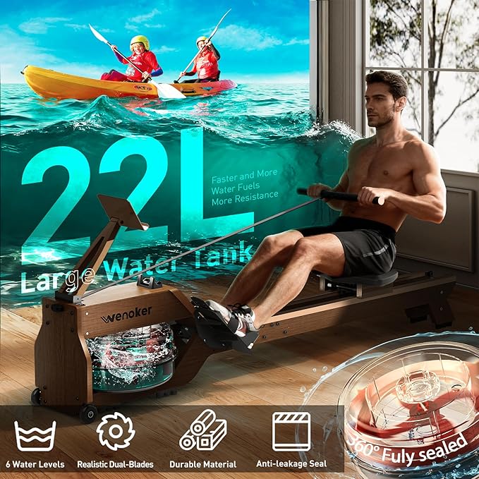 Water Rowing Machines for Home Use, Rower Machine with Smart Electronic Knob,Wooden Row Machine with LCD Monitor & Comfortable Seat, Bluetooth App Compatible for Home Gym Exercise 300 LBS