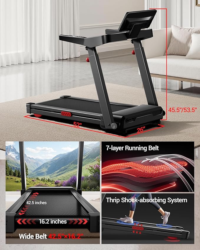 UMAY Incline Treadmill with 2-20% Auto Incline, 400LB Capacity Foldable Treadmills for Home with-Handle Height Adjustable, 42.5"×16.2" Extra-Wide Running Surface, 3.5HP 0.6-8.7MPH Running Machine