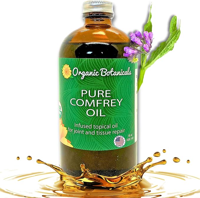 Pure Organic Comfrey Leaf Infused Oil - Skin Care for Joints, Back, Muscles, Fractures, Bruises, and Minor Wounds, Natural Herbal Body Massage Oil, Certified Organic (16 oz)